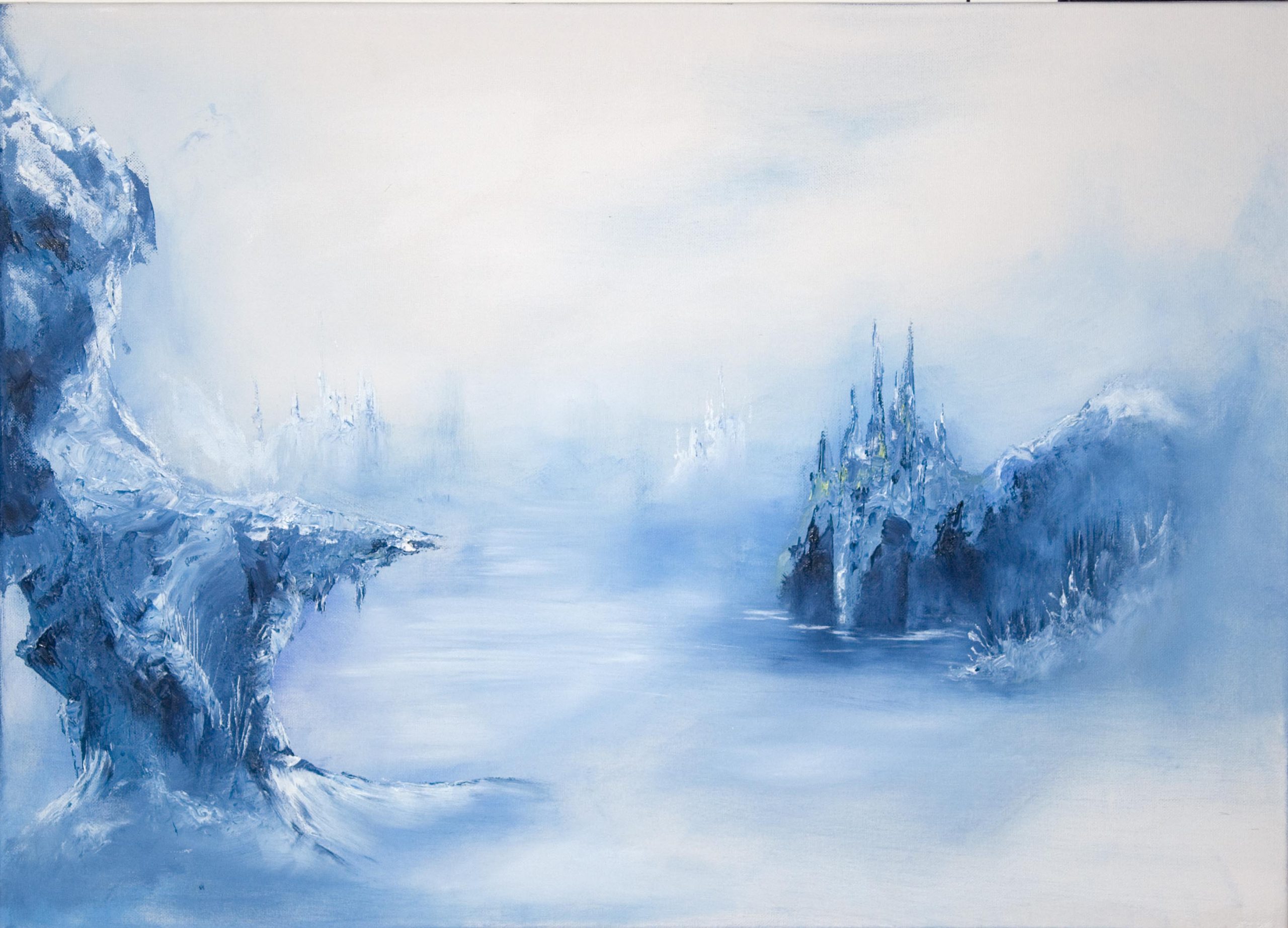 "Under Ice" - Part of a series of fantasy paintings depicting an ancient alien civilization on an abandoned planet. These paintings use large brushes and palette knives to suggest detail using oil paints, rather than deliberate re-creation of detail with fine brushes. Oil on stretched canvas. 2006